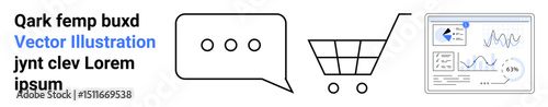 Speech bubble with three dots, shopping cart, and analytics dashboard screen. Ideal for e-commerce, communication, shopping, analytics, business strategy, marketing or simple landing page