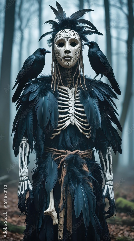 Fototapeta premium A figure in feathers and animal bones stands in the misty twilight of the forest. The face is hidden by a wooden mask, there is a crow on the shoulder. An atmosphere of mysticism and folk horror.
