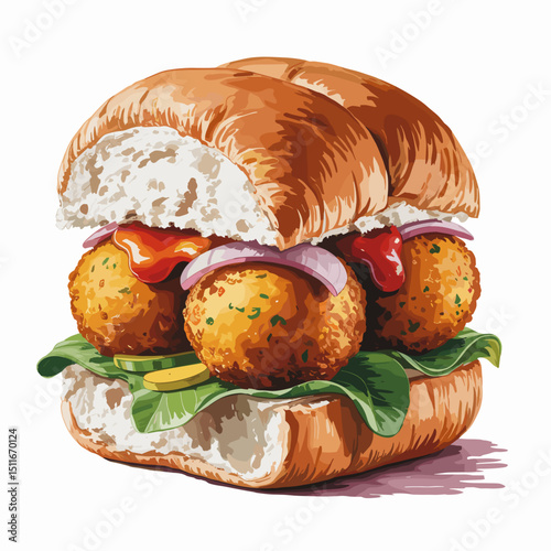 Vada Pav with Onion, Lettuce and Sauce – Watercolor Style