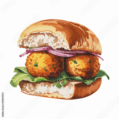 Vada Pav with Onion, Lettuce and Sauce – Watercolor Style