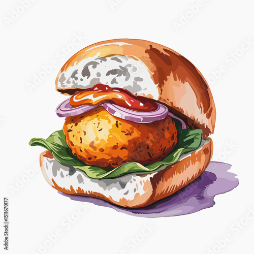 Vada Pav with Onion, Lettuce and Sauce – Watercolor Style