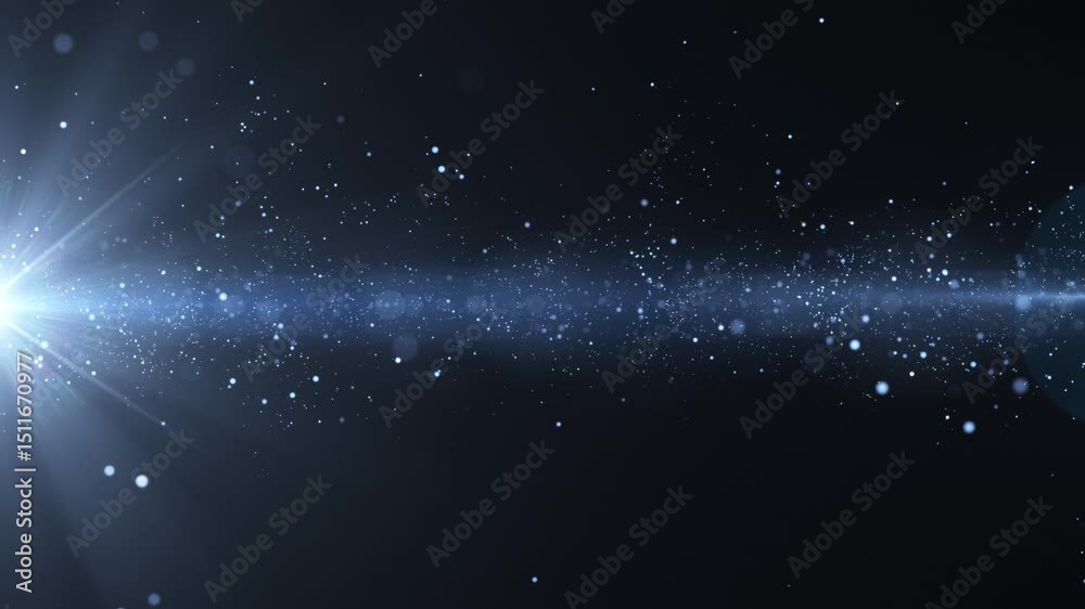 Abstract futuristic background with flying particles in space with Optical lens flare effect. Cinematic Light, Seamless loop