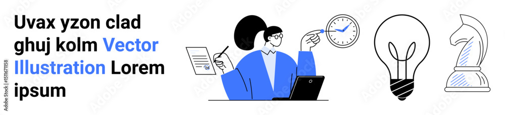 Person working on laptop, pointing at clock, with light bulb and chess piece symbols. Ideal for strategy, innovation, leadership, planning, growth, business solutions simple landing page Person working on laptop, pointing at clock, with light bulb and chess piece symbols. Ideal for strategy, innovation, leadership, planning, growth, business solutions simple landing page