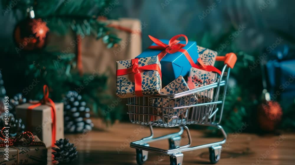 A miniature shopping cart overflows with holiday presents tied with red ribbons. The scene is festive, with glimpses of a decorated tree, ornaments, and pinecones adding to the seasonal ambiance.