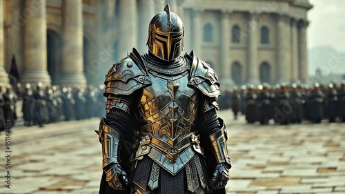 A knight in shining armor standing in a medieval city, with an army behind him
