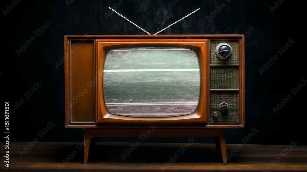 vintage tv on the black background with empty screen on wooden floor