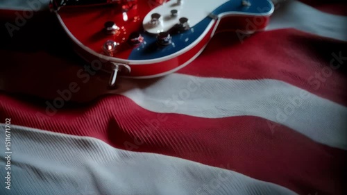 Close up of a semi-hollow body electric guitar with red white and blue colors resting on a national flag, patriotic scene.
