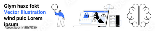 Person holding balloon beside monitor displaying locked screen, alert symbols, and cloud server, accompanied by brain design. Ideal for technology, security, AI, innovation, IT education simple