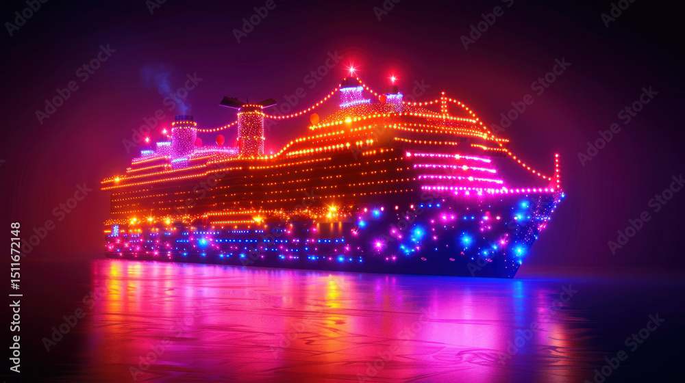 Fototapeta premium Illuminated Ship at Night with Colorful Lights in a Dark Setting