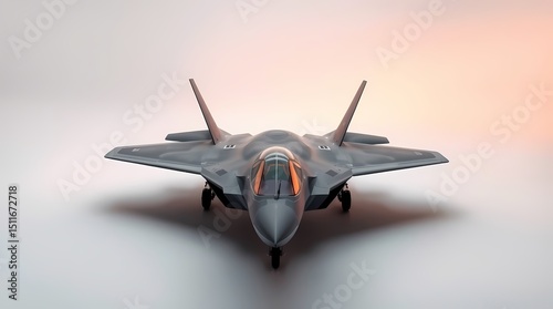A sleek, modern fighter jet with a grey camouflage paint job sits on a white runway, facing the viewer. The cockpit is visible, with orange accents, and the aircraft is positioned for takeoff