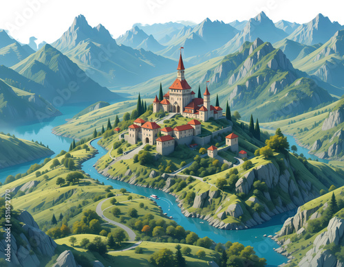 Isometric vector landscape of Albania with castles and rivers.