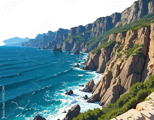 
Stylized Albania coastline vector with cliffs and Adriatic waves.