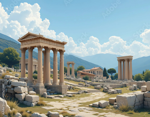 Vector of ancient ruins and columns in Albania’s historical zones.