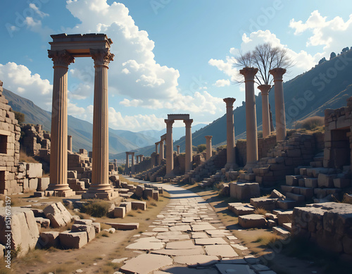 Vector of ancient ruins and columns in Albania’s historical zones.