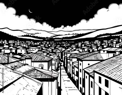 Albania cityscape vector with layered rooftops and narrow streets.