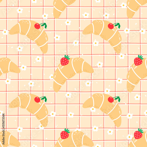 Seamless kawaii pattern with croissants, strawberries and gingham background. Hand-drawn vector on a striped background, perfect for cute textiles and wrapping