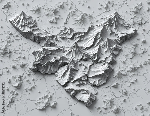 Grayscale vector map of Albania with mountain and valley patterns.