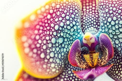 Close-up of a vibrant orchid petal.  Colorful patterns with water droplets