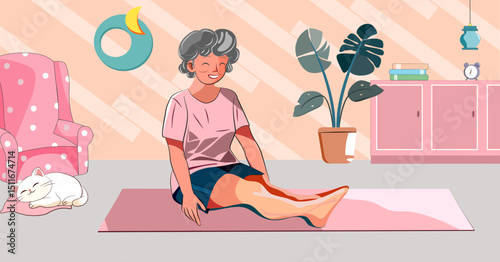 Illustration of elderly people doing yoga, vector 