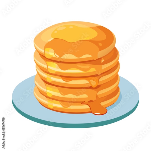Vector illustration of a stack of fluffy pancakes with syrup drizzle on white background