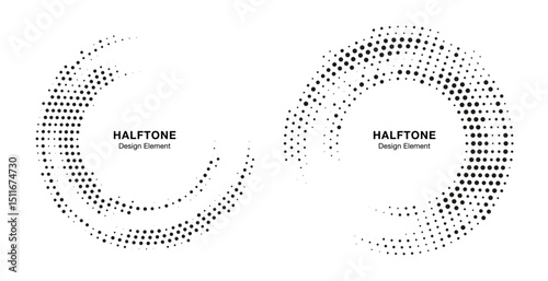 Halftone Circle Frame Abstract Dots Logo Emblem Design Element For Medical, Treatment, Cosmetic. Round Border Icon Using Halftone Circle Dots Raster Texture. Vector Emblem.