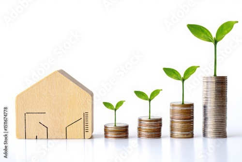 Real estate investing growth concept: house, money, coins, and plant growing stages