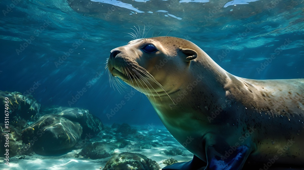 Obraz premium Color-enhanced image of a California sea lion underwater, glowing teal and blue ocean, dramatic lighting and vibrant contrast, surreal and eye-catching style,Generative Ai 