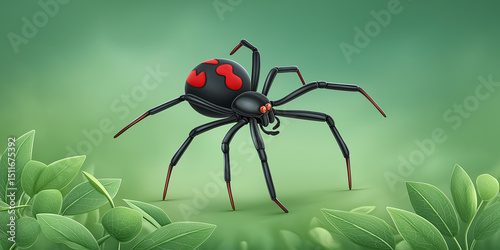 Deadly Beauty: A detailed illustration of a black widow spider with its iconic red markings, set against a blurred, verdant backdrop, evoking both awe and a sense of caution.