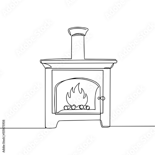Wood stove, cozy heating design, minimalist line art, home comfort element