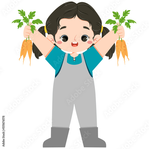 Cute asian girl hold carrots in both hands in farmland in harvest moon