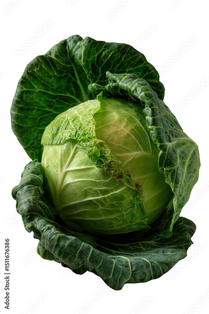 Fototapeta premium Cabbage's Natural Aura: A close-up shot of a fresh cabbage, revealing its vibrant green leaves and intricate texture in a well-lit, detailed composition, highlighting its natural appeal.