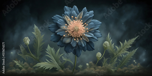 Mystical Bloom: A close-up studio shot of a striking blue flower with a golden center, surrounded by lush green foliage, evoking a sense of mystery and natural beauty. 