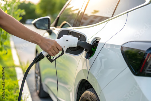 Hand plugging in electric vehicle charger in garden, eco-friendly transportation, white EV charging, sustainable green energy, clean technology