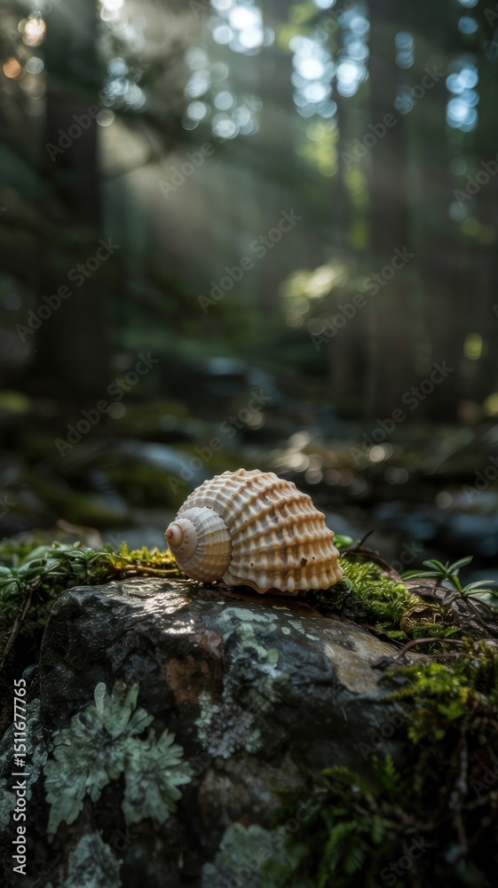Fototapeta premium Forest Serenity: Seashell on Moss-Covered Stone