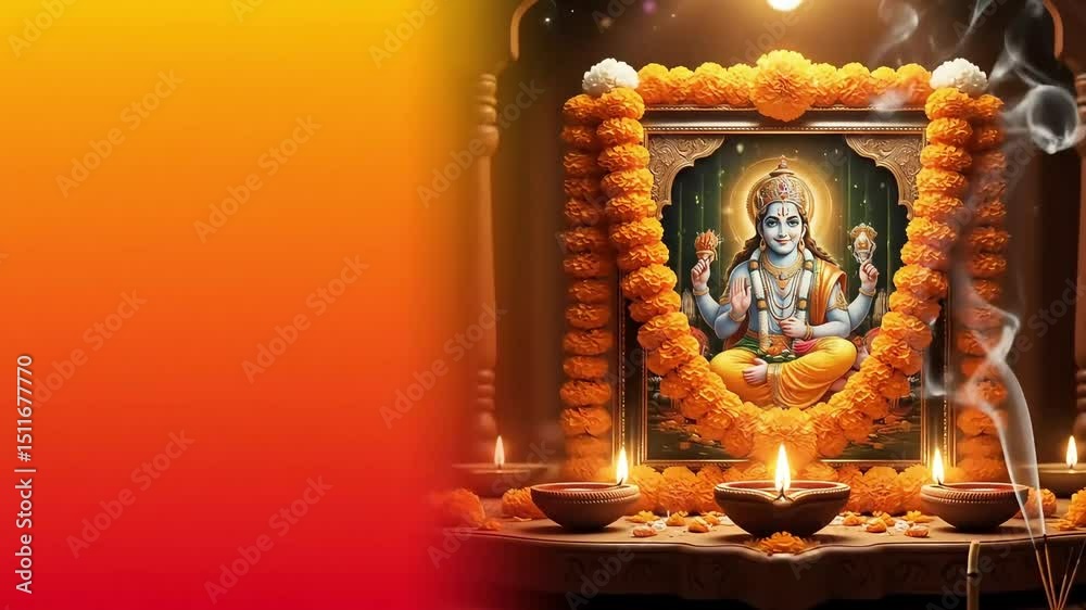 A warm and spiritual animated banner showing an altar with an image of Lord Vishnu, decorated with garlands of marigold flowers. Traditional oil lamps (diyas) flicker brightly around the altar.