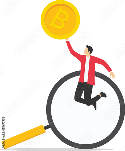 Bitcoin research - Businessman with magnifying glass looking at cryptocurrency. Vector illustration stock illustration

