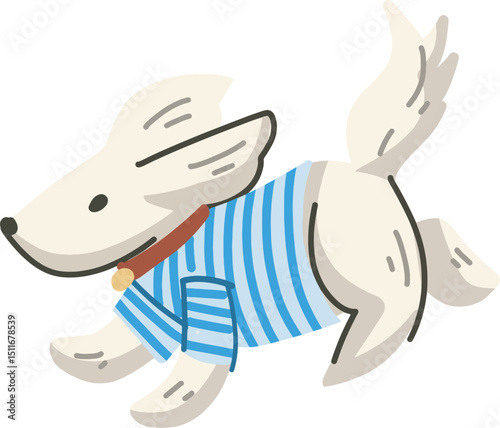 Cartoon dog in a striped shirt running happily