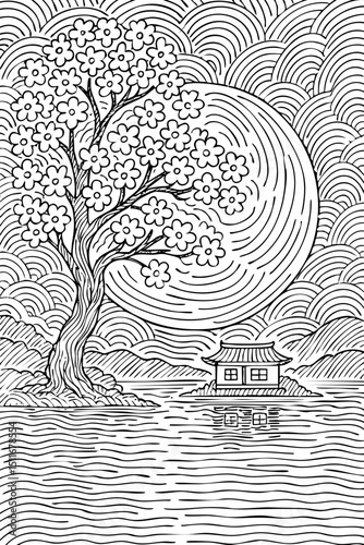 Zen Asian Landscape with Cherry Tree and Temple Doodle Line Art