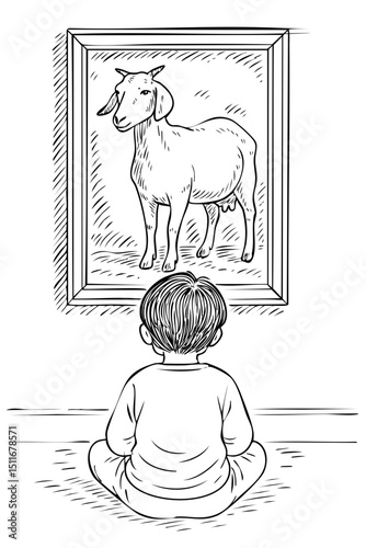 Child Gazing at Goat Animal Doodle