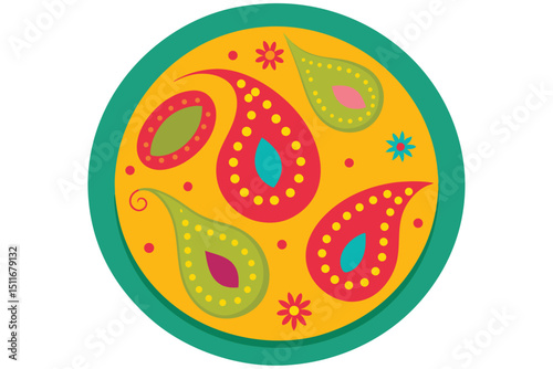 Clay plate with paisley designs in vibrant folk art tones vector art illustration