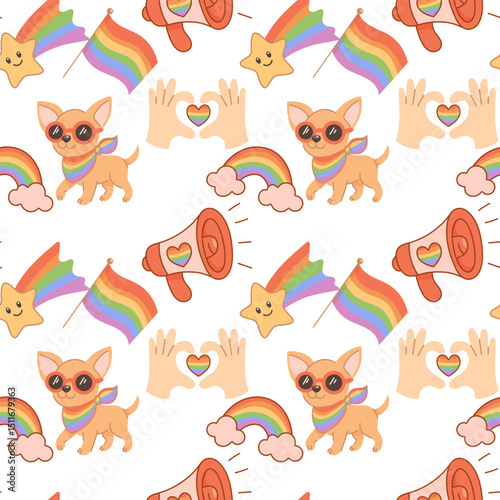 Seamless Pattern of Cute Pride Chihuahua and LGBTQ Symbols
