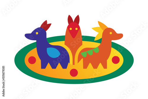 Colorful animal figures on a clay plate in folk story theme vector art illustration