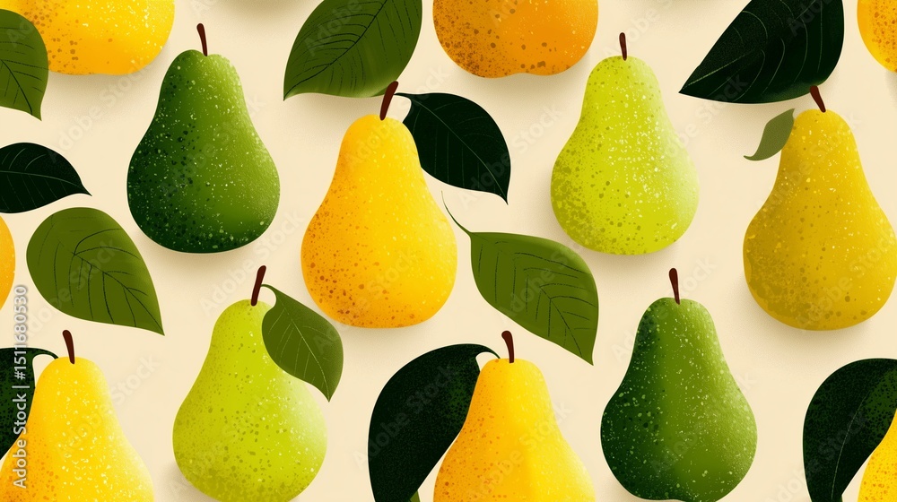Obraz premium Minimalist 2D art of pears on plain cream background, sweet fruit, autumn harvest, flat vector illustration