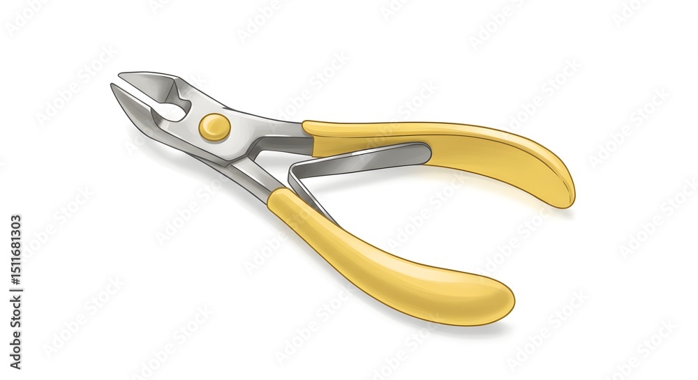 A pair of silver and yellow nail clippers isolated on a plain white background view A pair of silver and yellow nail clippers isolated on a plain white background view