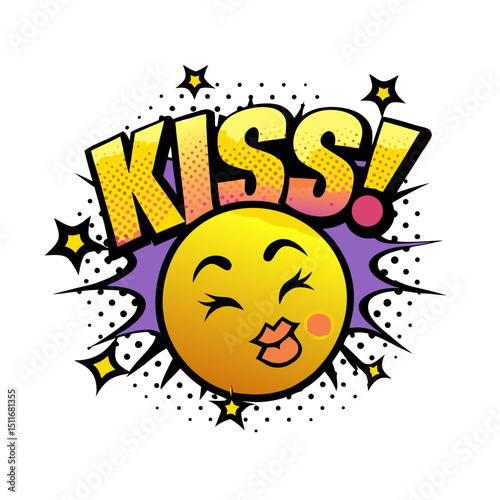 Smiling cartoon emoji blowing a kiss in comic book style design, vector illustration on transparent background  