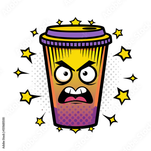 Angry coffee cup character illustration in comic book style, vector illustration on transparent background