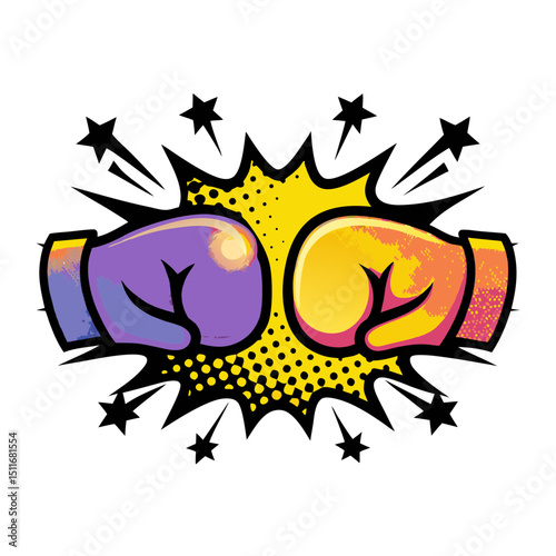 Colorful boxing gloves clashing in comic book style on transparent background, vector illustration