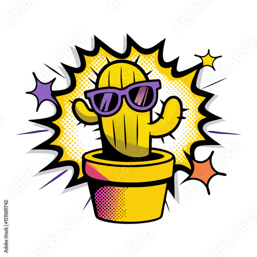 Cactus wearing sunglasses in comic book style on a bright background, vector illustration on transparent background  