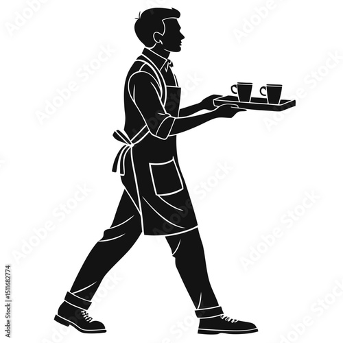 Silhouette Vector of Male Barista in Apron with Coffee Tray