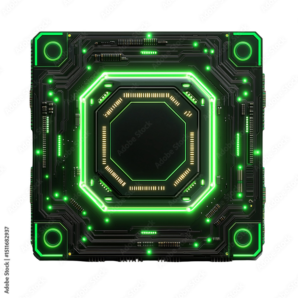 Fototapeta premium Futuristic technology circuit board with neon green glowing components isolated on transparent background png